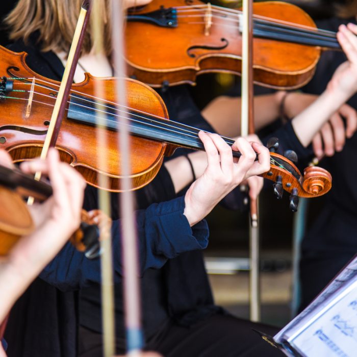 Violinisti in un concerto di "Suoni Sinfonici", primo piano delle mani e strumenti.