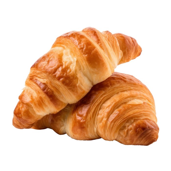 Due croissant francesi burrosi e dorati su sfondo bianco.