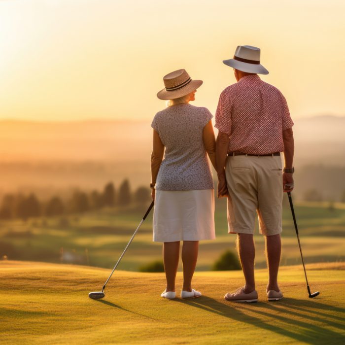 Coppia anziana guarda il tramonto sul campo da golf, con mazze da golf in mano.