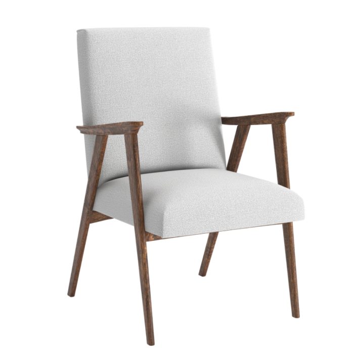 Sedia moderna elegante bianca con braccioli in legno scuro, design pulito e minimalista.